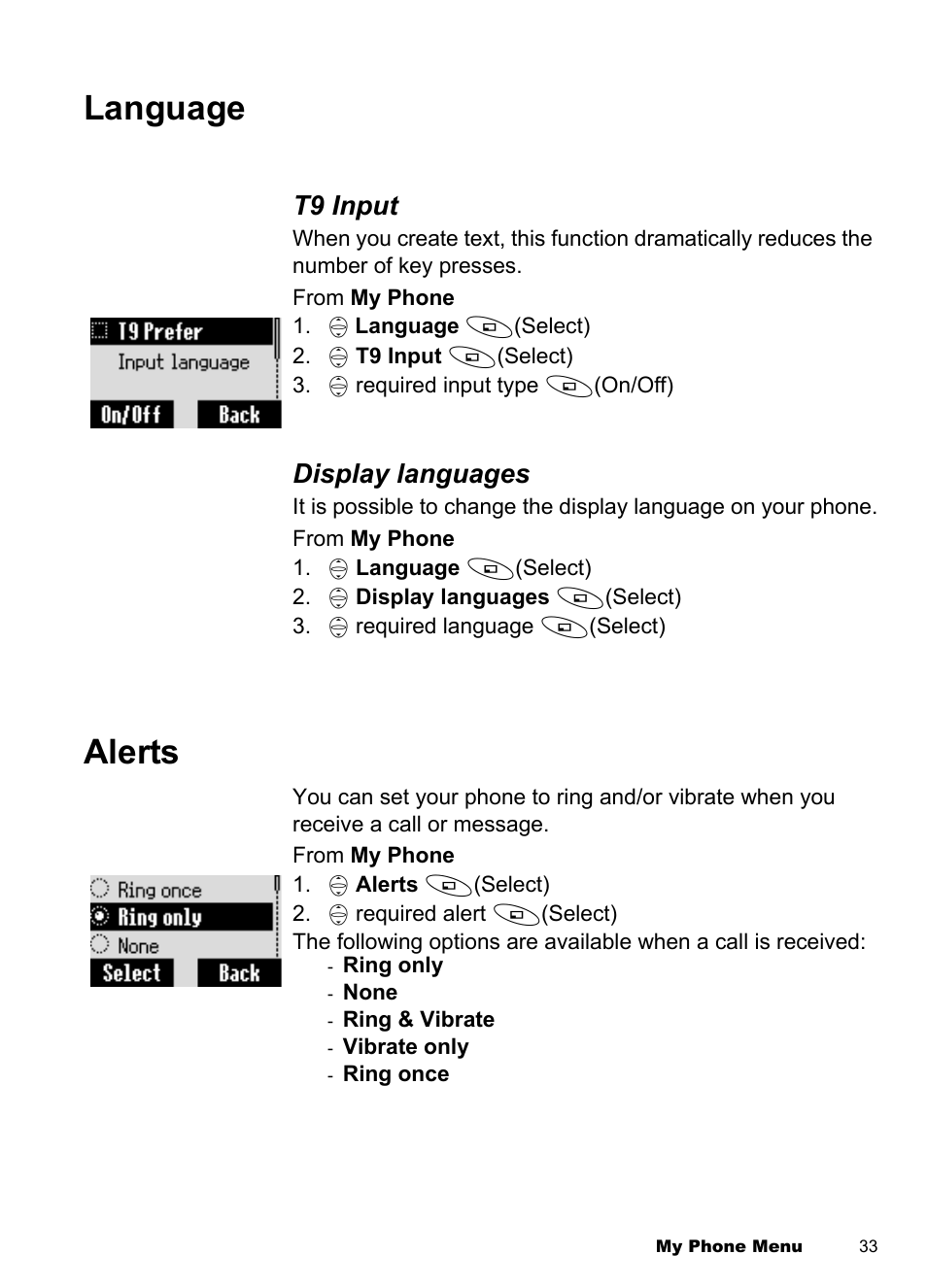 Language, Alerts, Language alerts | T9 input, Display languages | Panasonic EB-A100 User Manual | Page 36 / 93