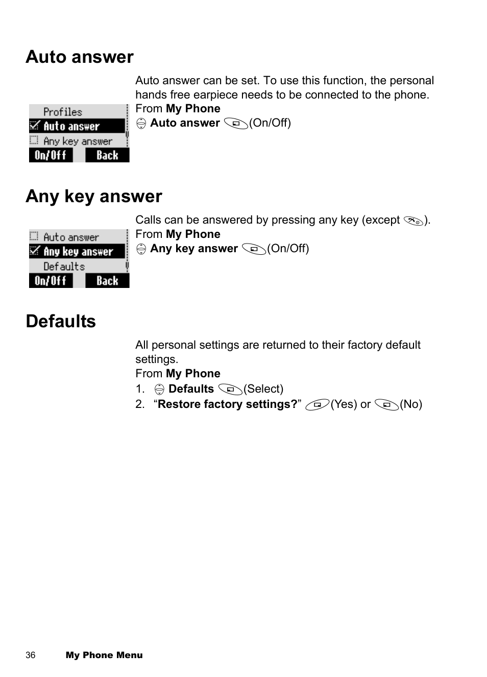 Auto answer, Any key answer, Defaults | Auto answer any key answer defaults | Panasonic EB-A100 User Manual | Page 39 / 93