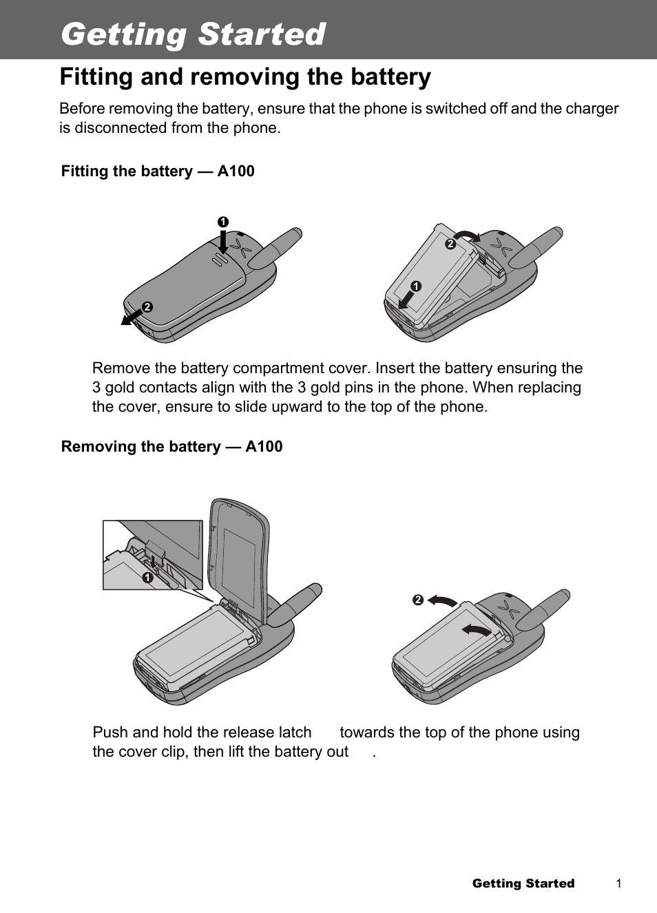 Getting started, Fitting and removing the battery, Fitting and removing the | Battery | Panasonic EB-A100 User Manual | Page 4 / 93