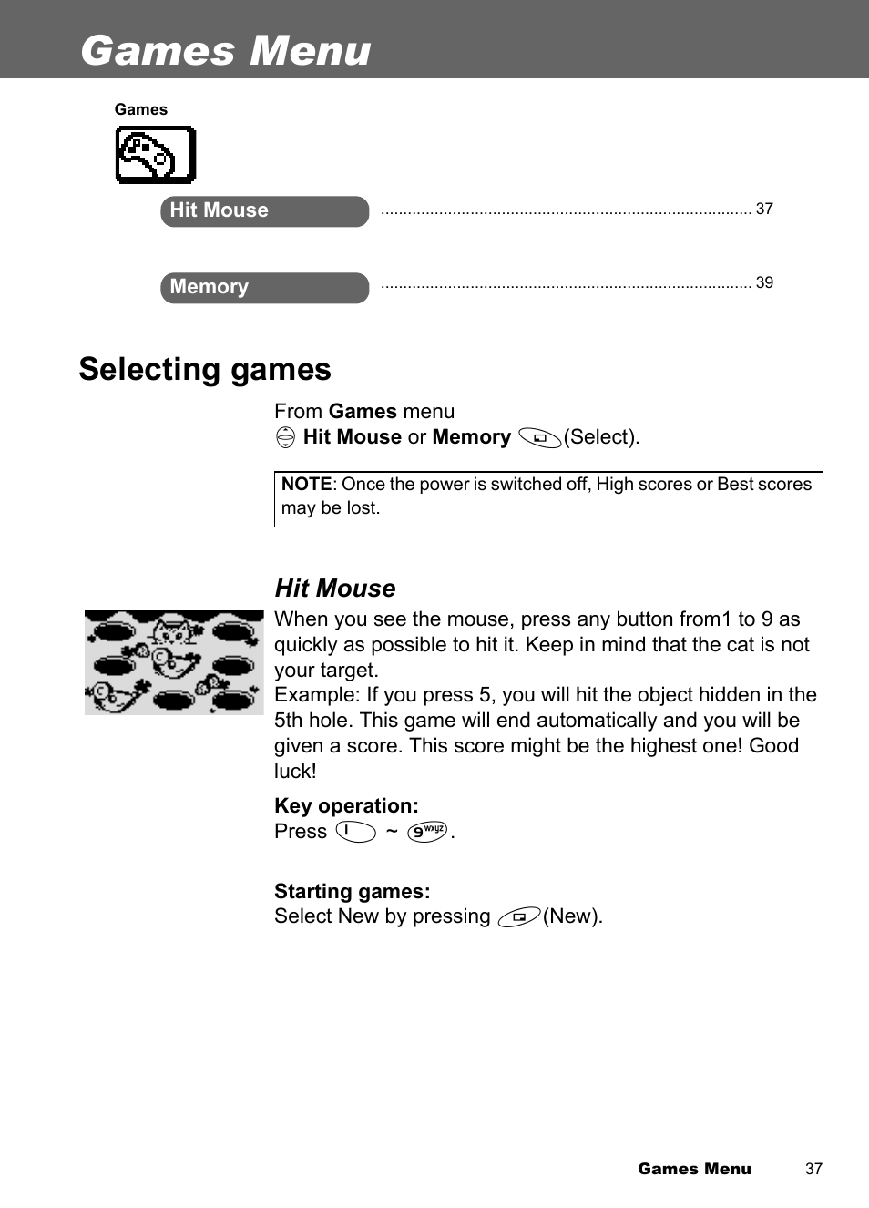 Games menu, Selecting games, Hit mouse | Panasonic EB-A100 User Manual | Page 40 / 93