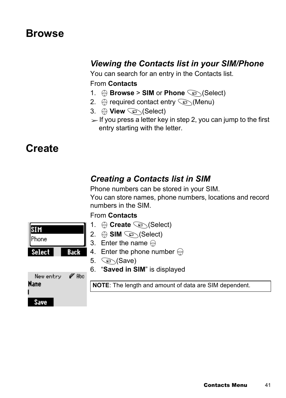Browse, Create, Browse create | Viewing the contacts list in your sim/phone, Creating a contacts list in sim | Panasonic EB-A100 User Manual | Page 44 / 93