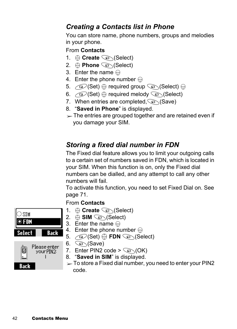 Creating a contacts list in phone, Storing a fixed dial number in fdn | Panasonic EB-A100 User Manual | Page 45 / 93