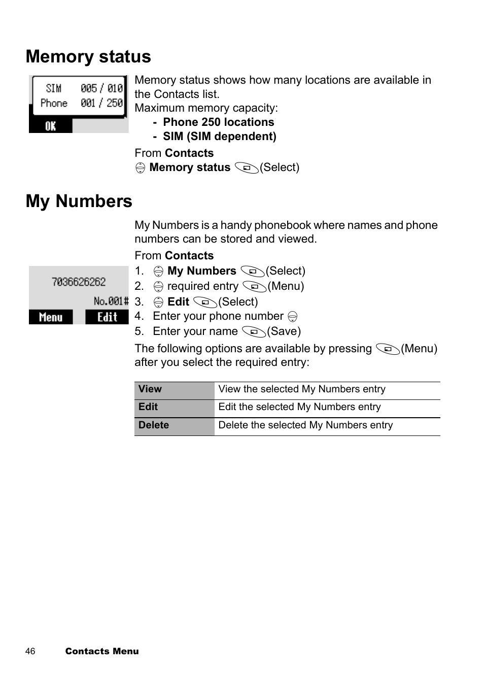 Memory status, My numbers | Panasonic EB-A100 User Manual | Page 49 / 93