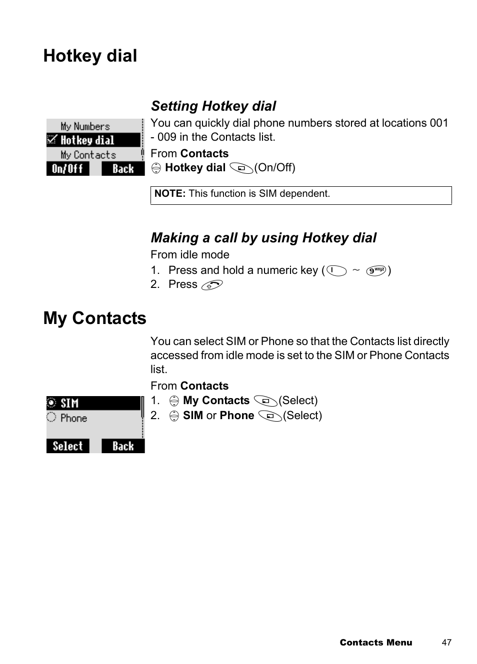 Hotkey dial, My contacts, Hotkey dial my contacts | Panasonic EB-A100 User Manual | Page 50 / 93
