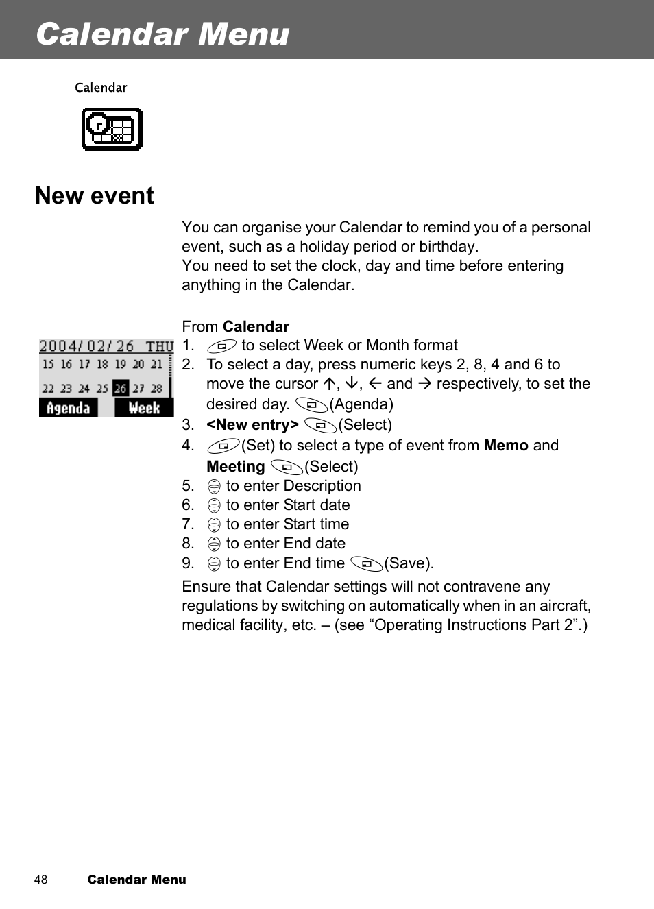 Calendar menu, New event | Panasonic EB-A100 User Manual | Page 51 / 93