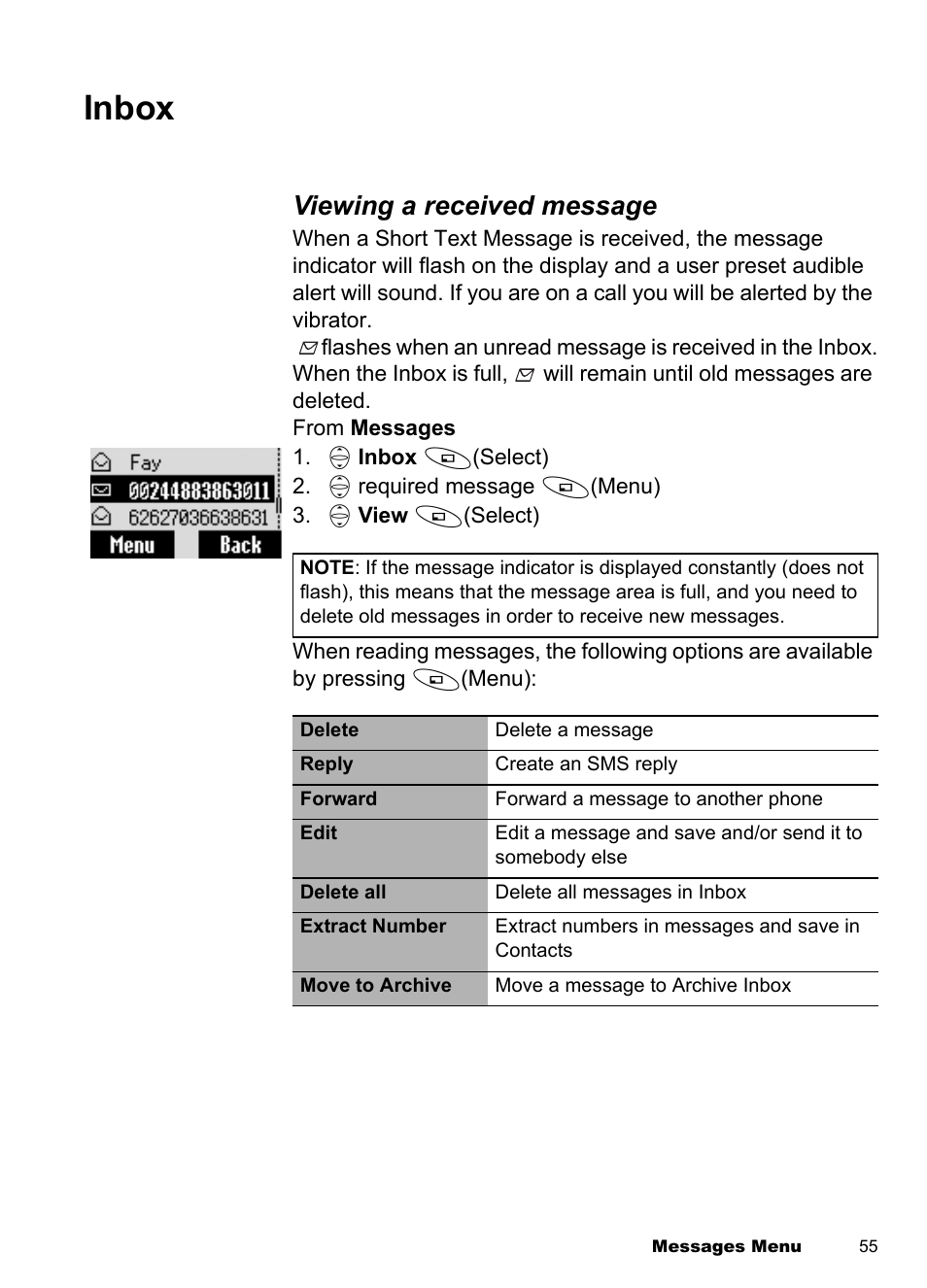 Inbox, Viewing a received message | Panasonic EB-A100 User Manual | Page 58 / 93