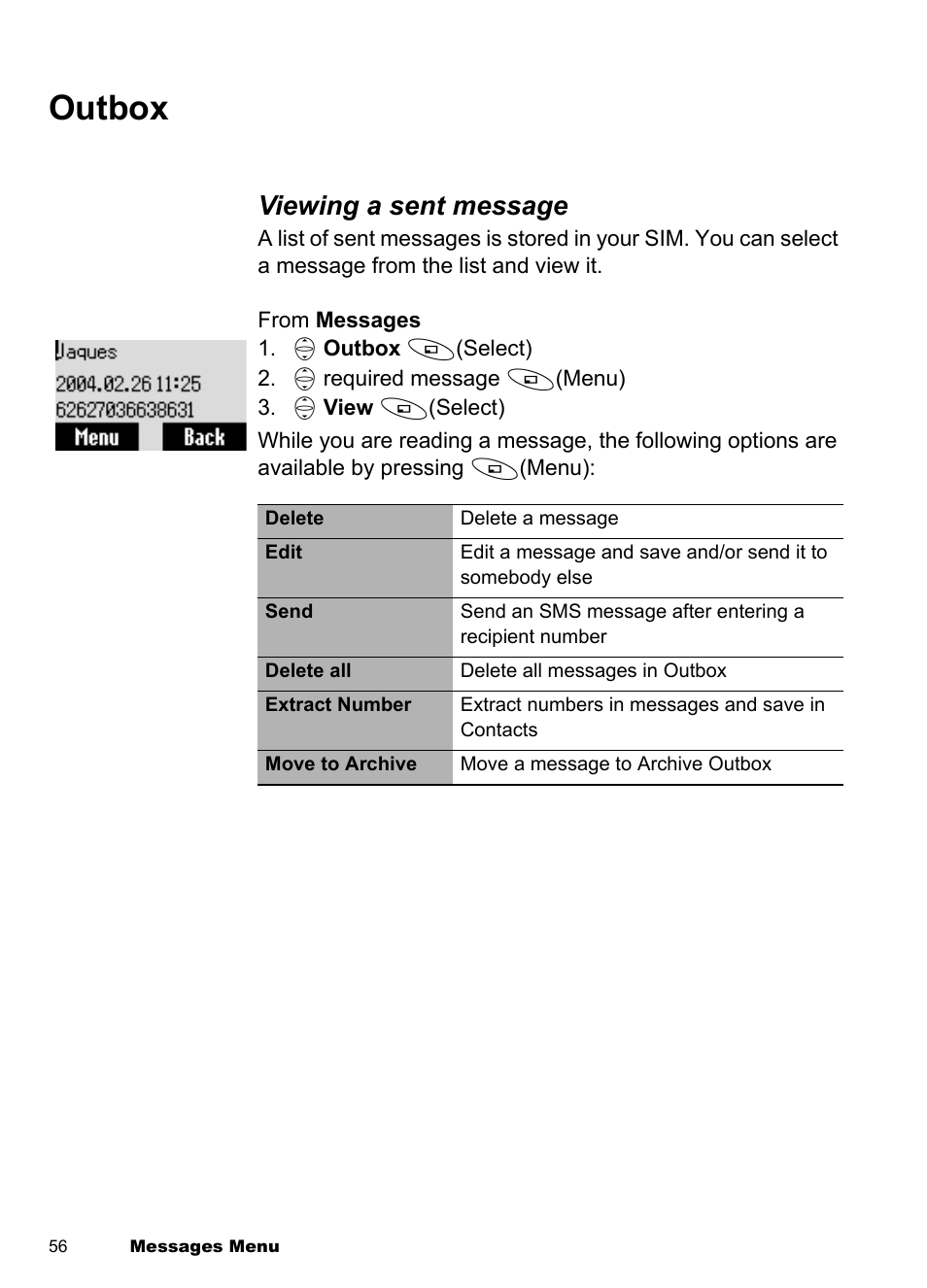 Outbox, Viewing a sent message | Panasonic EB-A100 User Manual | Page 59 / 93