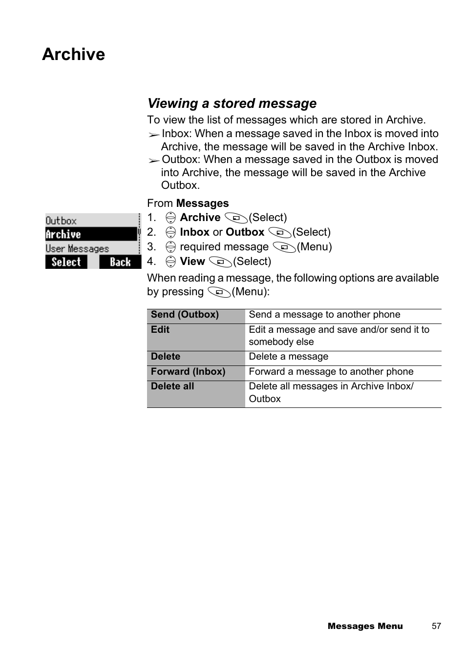 Archive, Viewing a stored message | Panasonic EB-A100 User Manual | Page 60 / 93