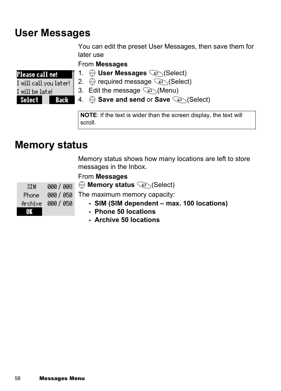 User messages, Memory status, User messages memory status | Panasonic EB-A100 User Manual | Page 61 / 93