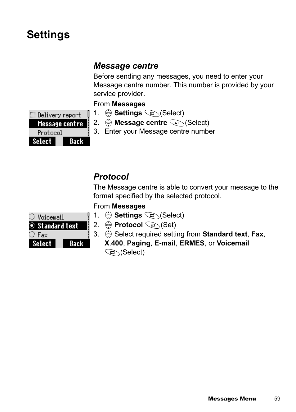 Settings, Message centre, Protocol | Panasonic EB-A100 User Manual | Page 62 / 93