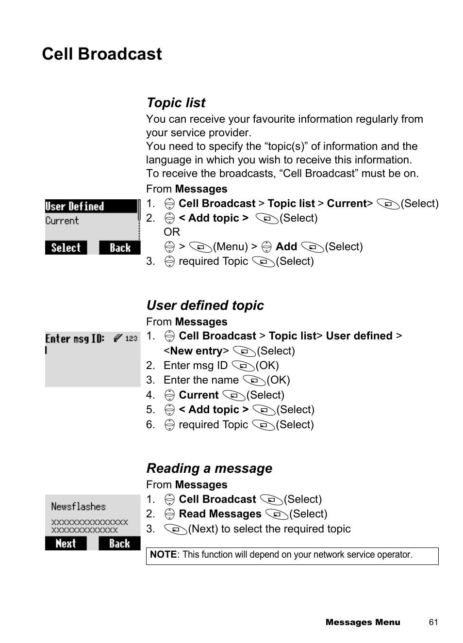 Cell broadcast, Topic list, User defined topic | Reading a message | Panasonic EB-A100 User Manual | Page 64 / 93