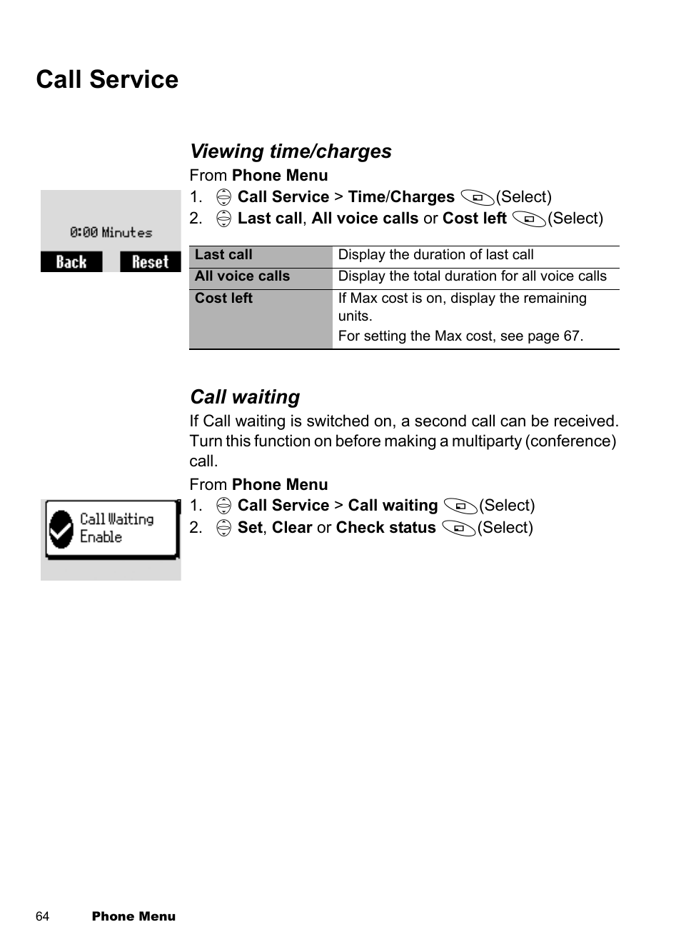Call service, Viewing time/charges, Call waiting | Panasonic EB-A100 User Manual | Page 67 / 93