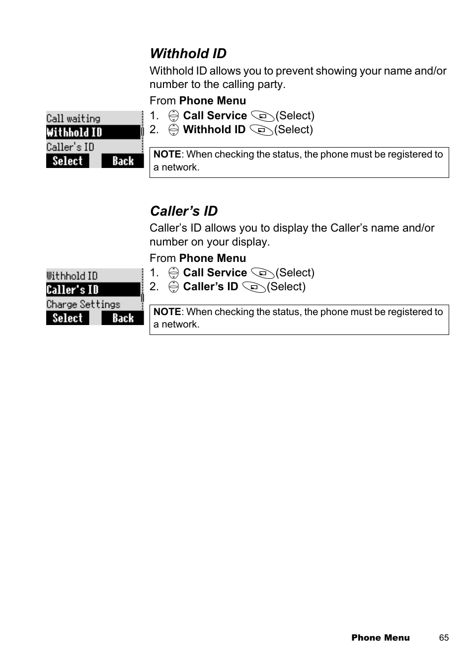 Withhold id, Caller’s id | Panasonic EB-A100 User Manual | Page 68 / 93