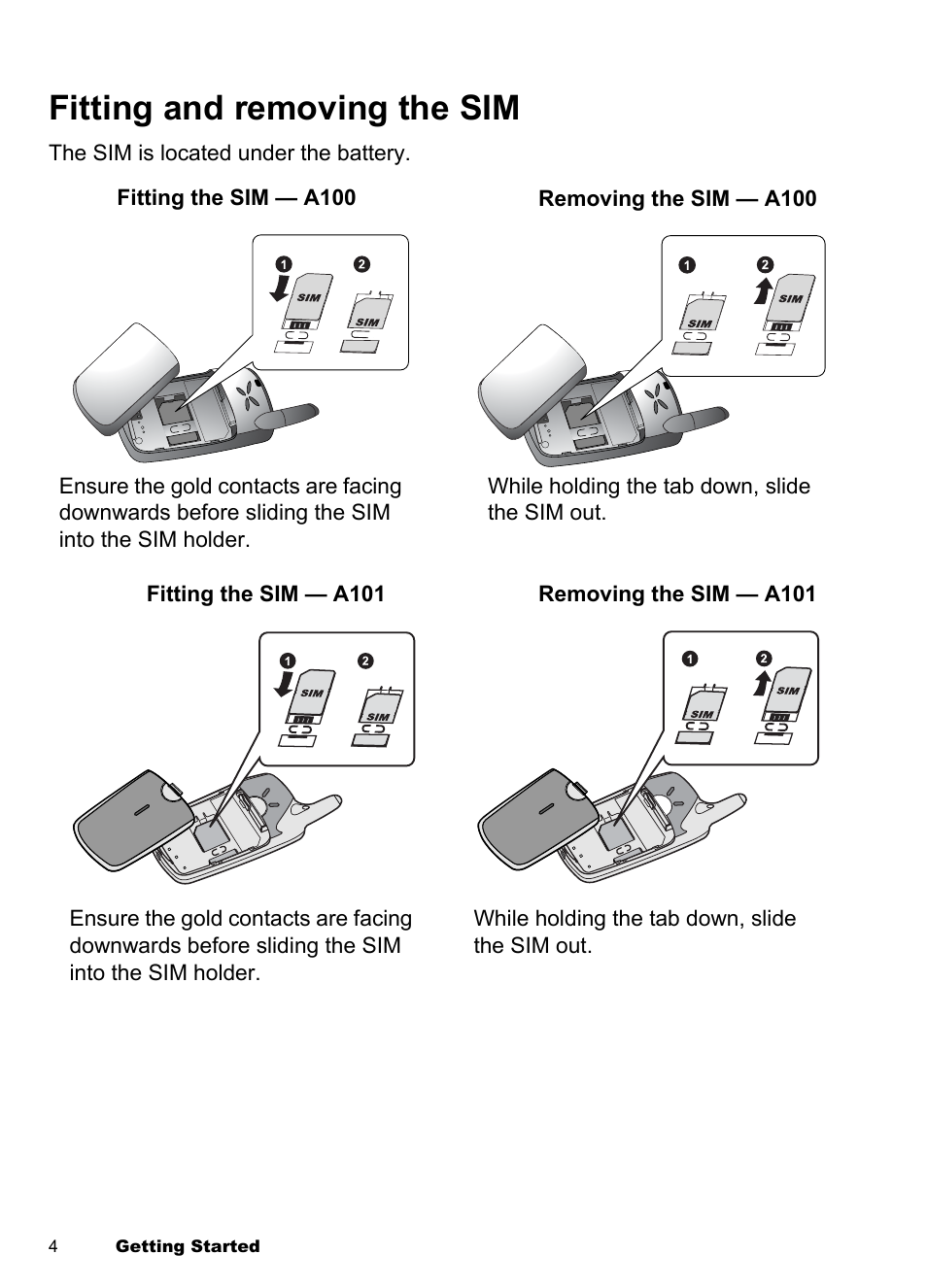 Fitting and removing the sim | Panasonic EB-A100 User Manual | Page 7 / 93