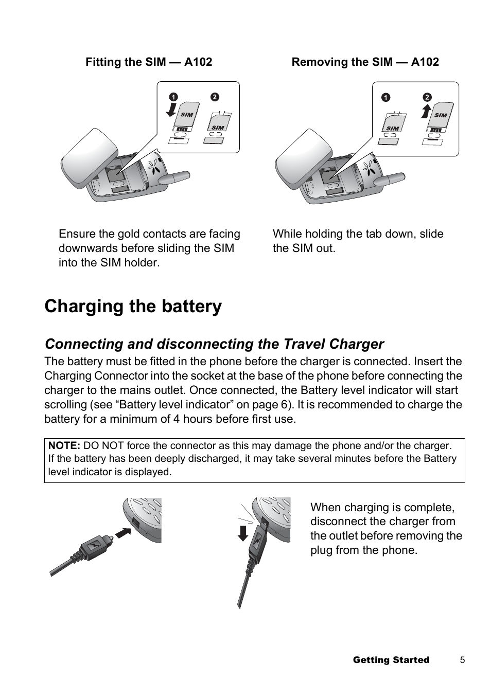 Charging the battery, Connecting and disconnecting the travel charger | Panasonic EB-A100 User Manual | Page 8 / 93