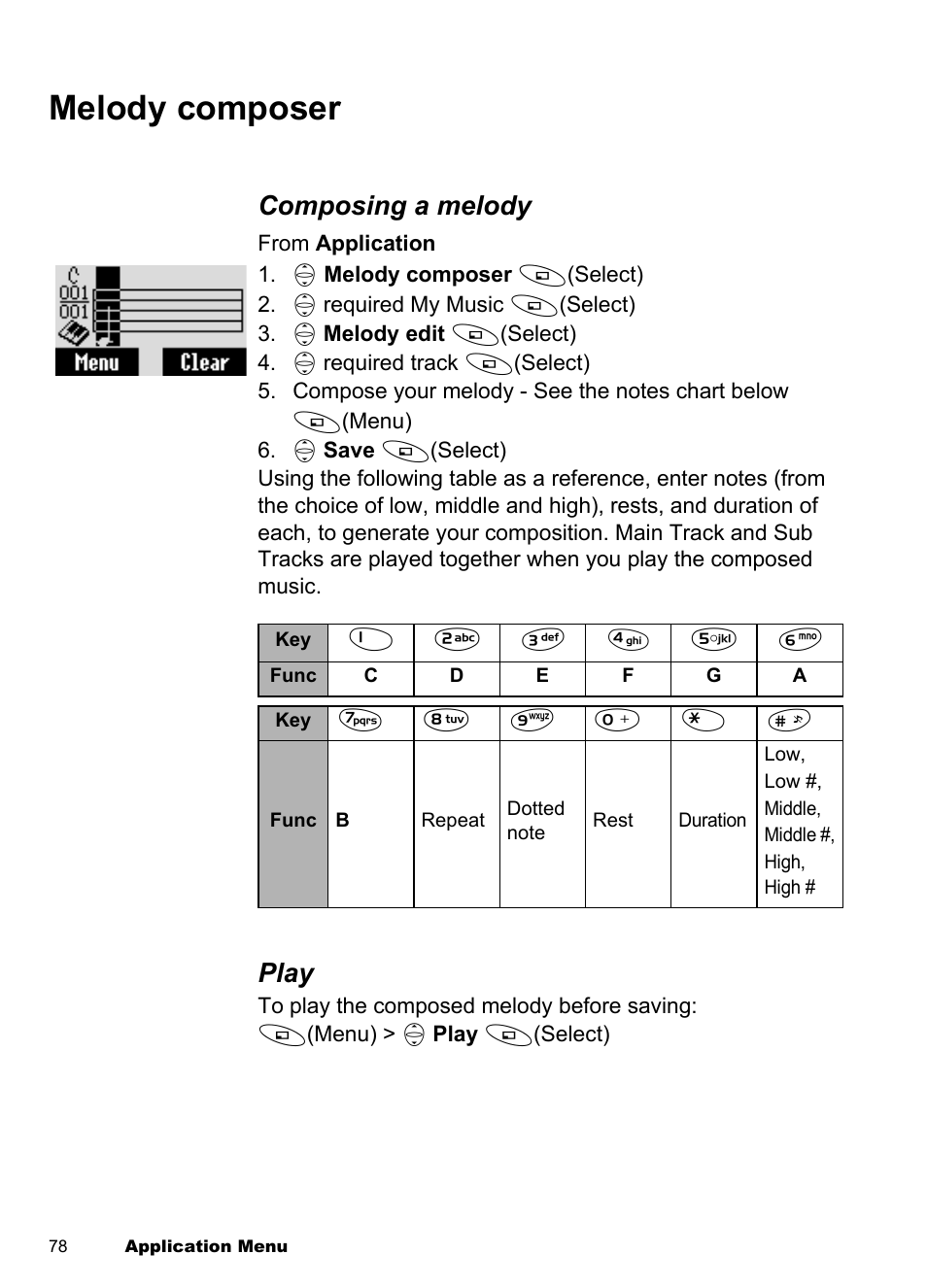Melody composer, Composing a melody, Play | Panasonic EB-A100 User Manual | Page 81 / 93