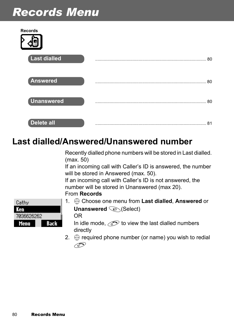 Records menu, Last dialled/answered/unanswered number, Last dialled/answered | Unanswered number | Panasonic EB-A100 User Manual | Page 83 / 93