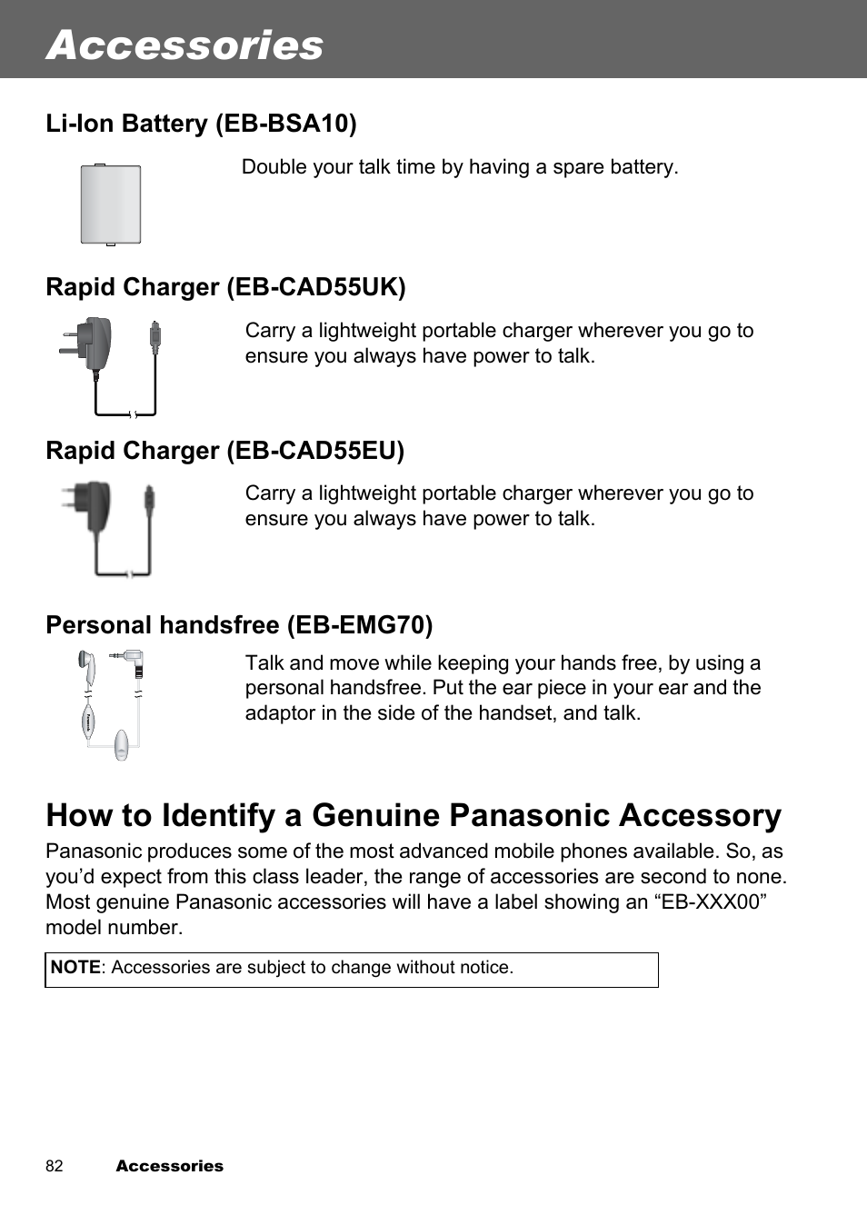 Accessories, How to identify a genuine panasonic accessory, How to identify a genuine | Panasonic accessory | Panasonic EB-A100 User Manual | Page 85 / 93
