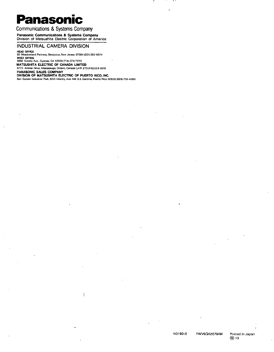 Communications & systems company, Panasonic | Panasonic GP-MS112 User Manual | Page 10 / 10