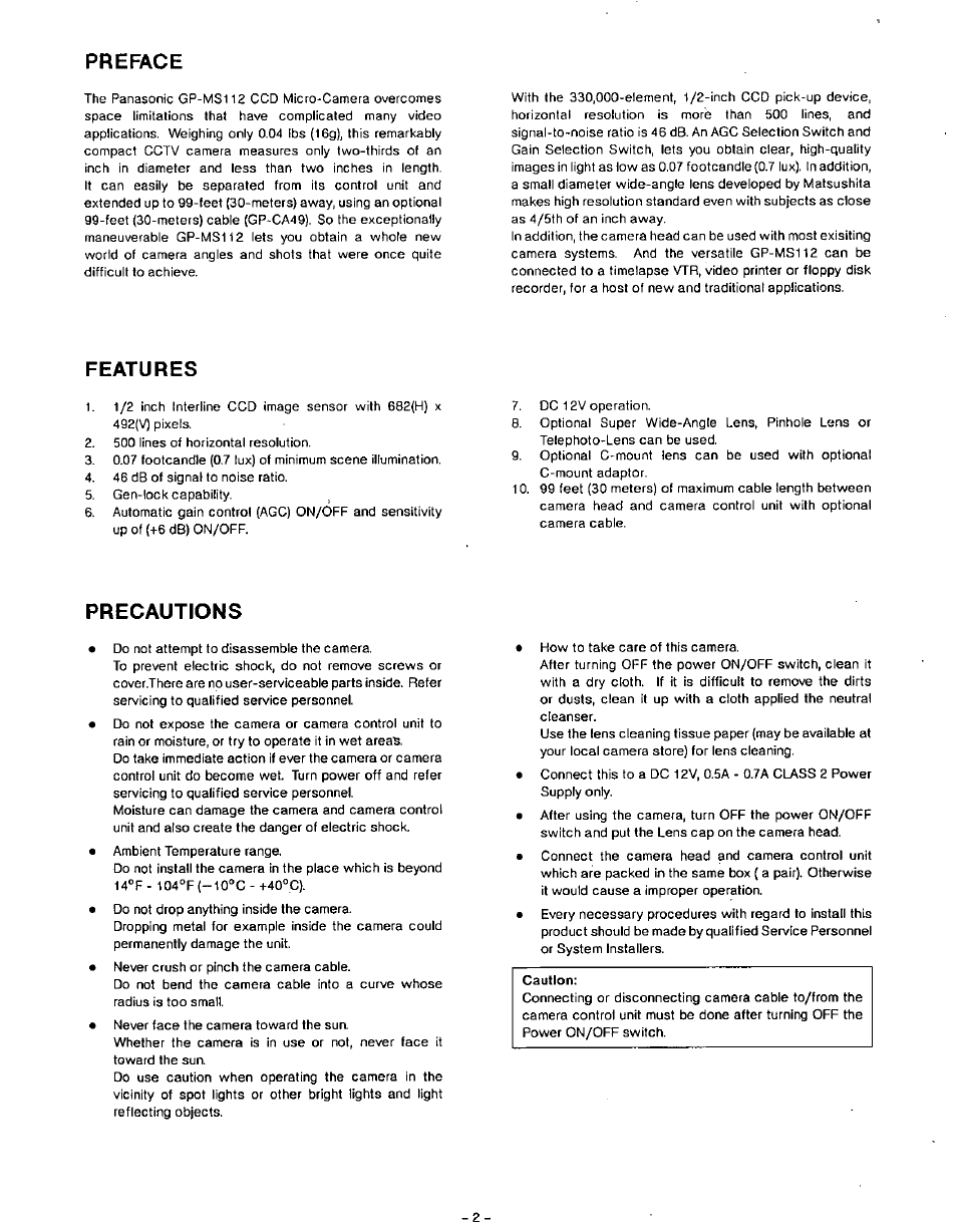Preface, Features, Precautions | Panasonic GP-MS112 User Manual | Page 3 / 10
