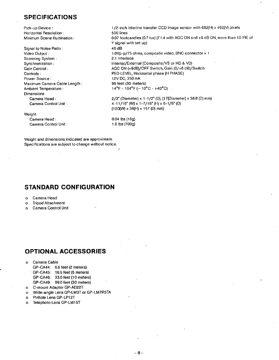 Standard configuration, Optional accessories, Specifications | Panasonic GP-MS112 User Manual | Page 9 / 10