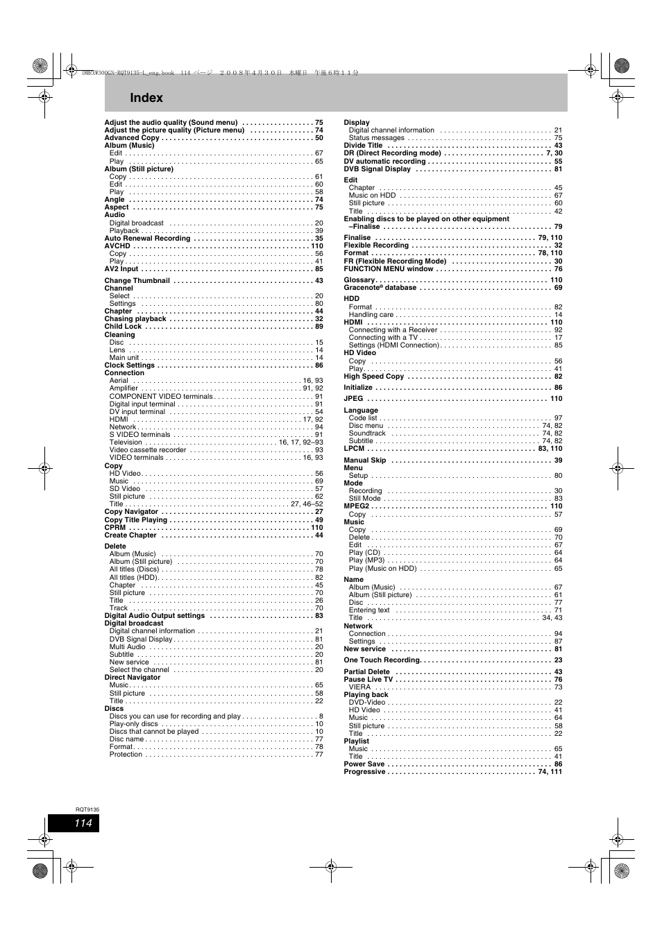 Index | Panasonic DMR-XW300 User Manual | Page 114 / 116