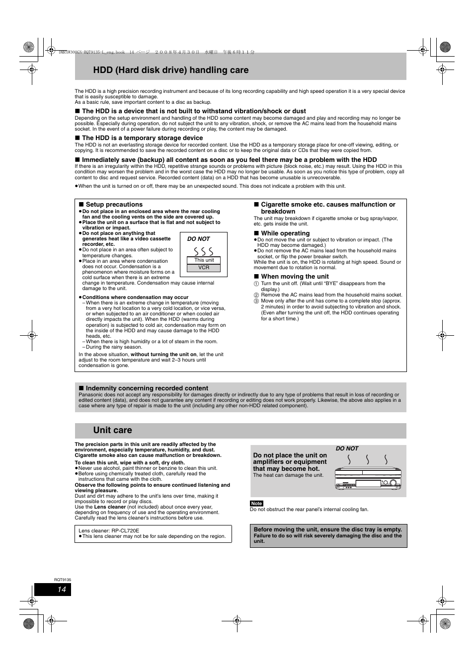 Hdd (hard disk drive) handling care, Unit care | Panasonic DMR-XW300 User Manual | Page 14 / 116