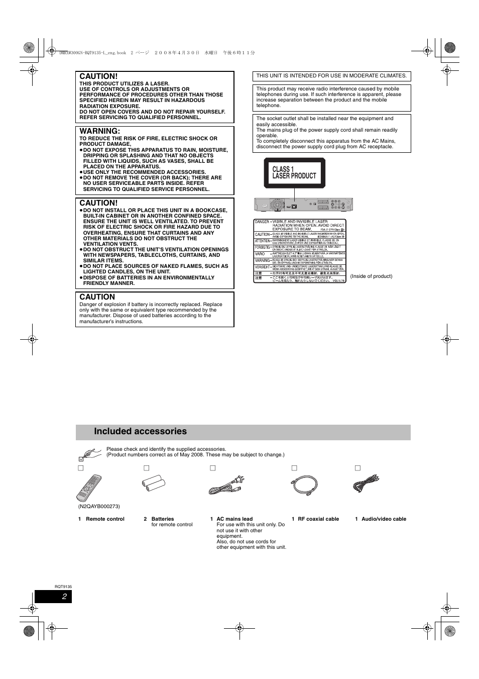Included accessories, Caution, Warning | Class 1 laser product | Panasonic DMR-XW300 User Manual | Page 2 / 116
