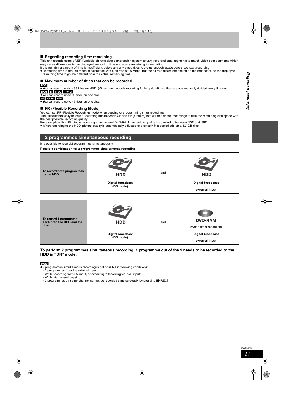 2 programmes simultaneous recording | Panasonic DMR-XW300 User Manual | Page 31 / 116