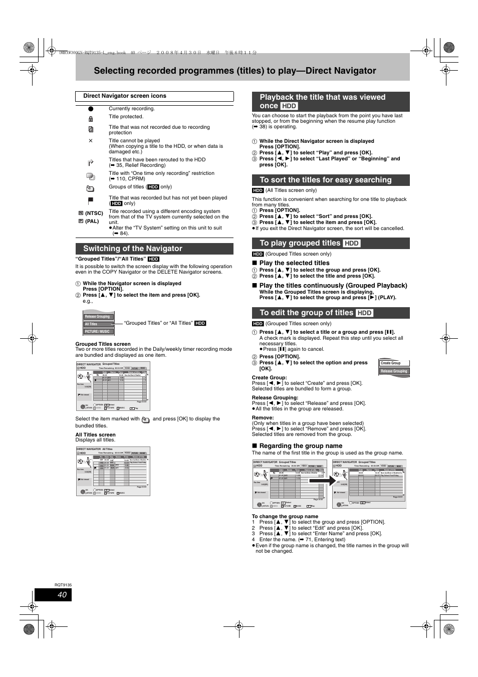 Switching of the navigator, Play the selected titles, Play the titles continuously (grouped playback) | Regarding the group name, Direct navigator screen icons, Grouped titles” or “all titles” [hdd | Panasonic DMR-XW300 User Manual | Page 40 / 116