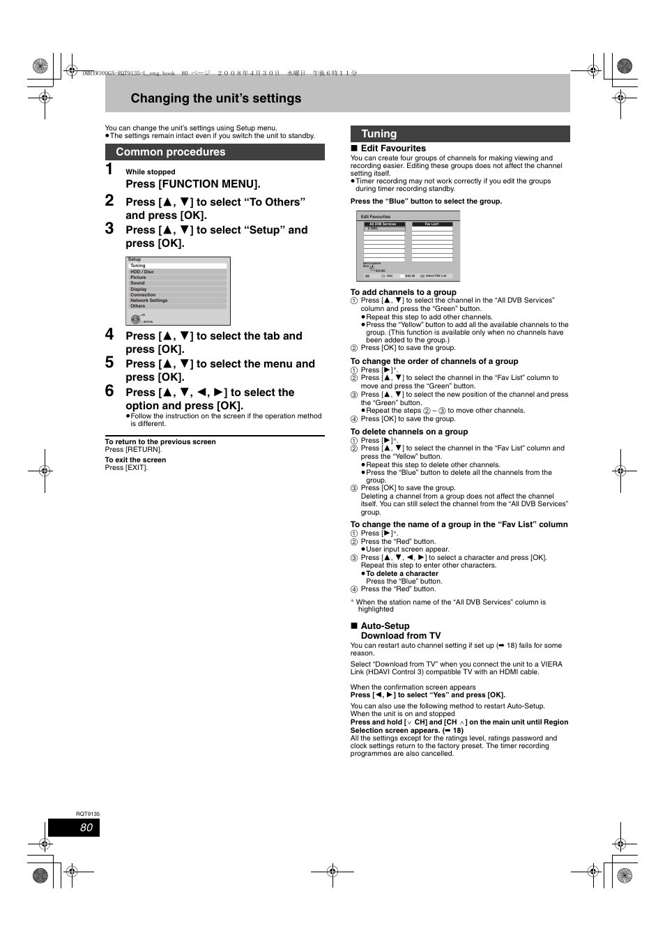 Changing the unit’s settings, Press [function menu, Press [ 3 , 4 ] to select “setup” and press [ok | Press [ 3 , 4 ] to select the tab and press [ok, Press [ 3 , 4 ] to select the menu and press [ok, Common procedures, Tuning | Panasonic DMR-XW300 User Manual | Page 80 / 116