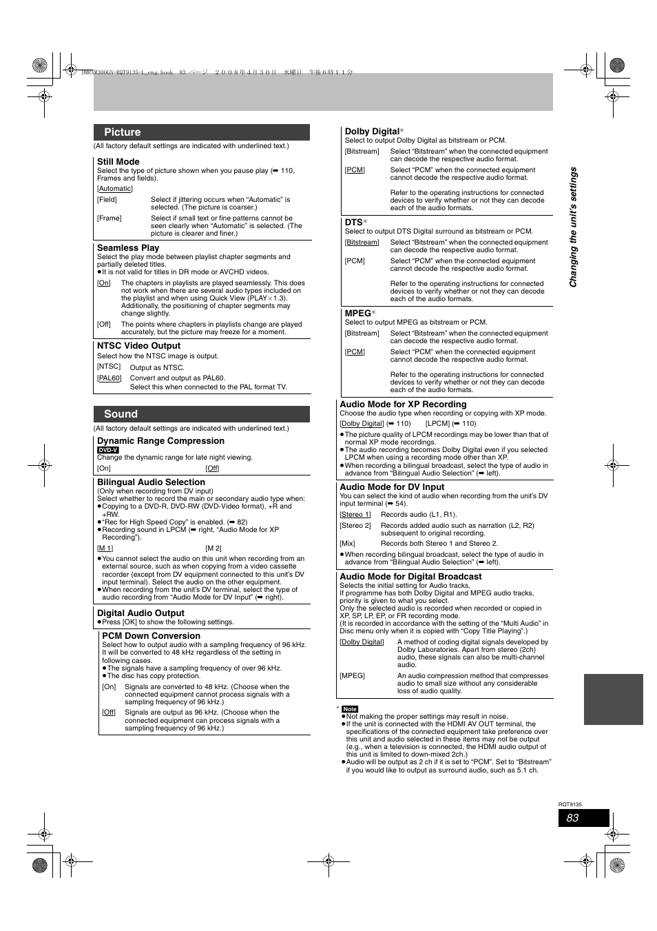 Picture, Sound | Panasonic DMR-XW300 User Manual | Page 83 / 116