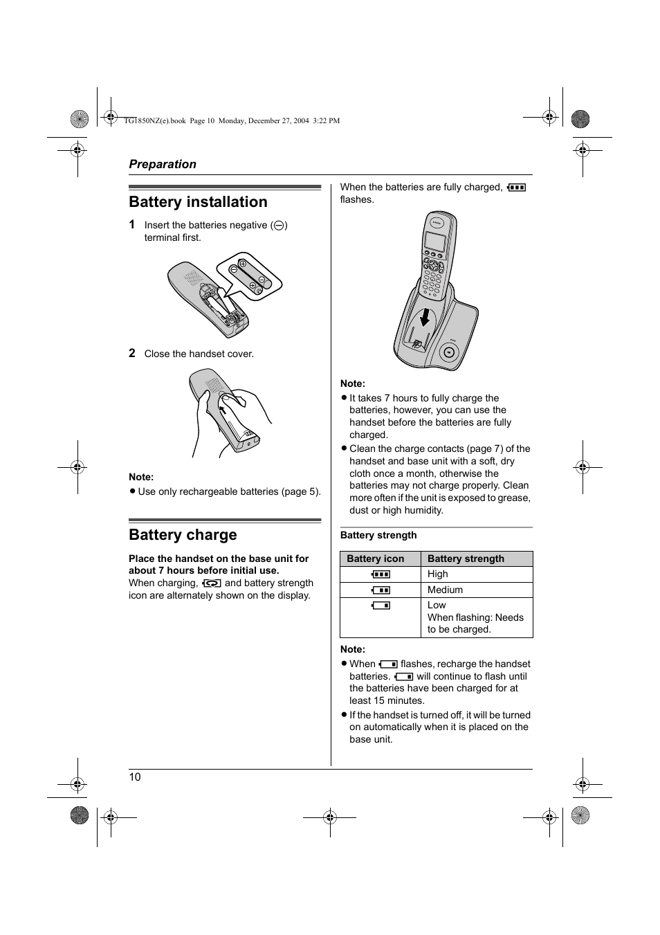 Battery installation, Battery charge, Battery installation battery charge | Panasonic KX-TG1850NZ User Manual | Page 10 / 48