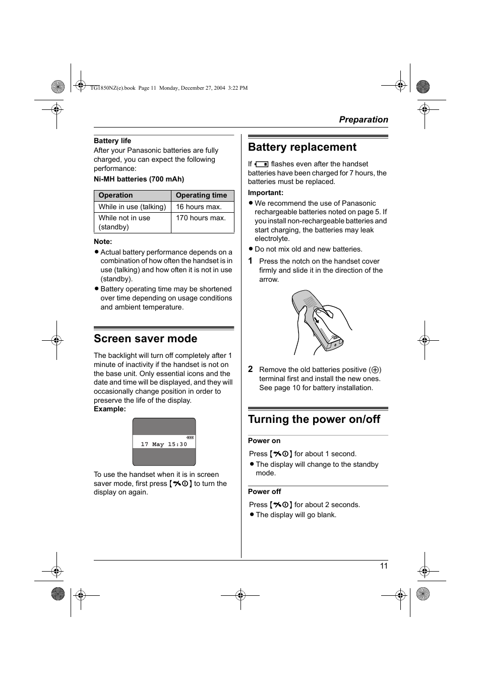 Screen saver mode, Battery replacement, Turning the power on/off | Panasonic KX-TG1850NZ User Manual | Page 11 / 48