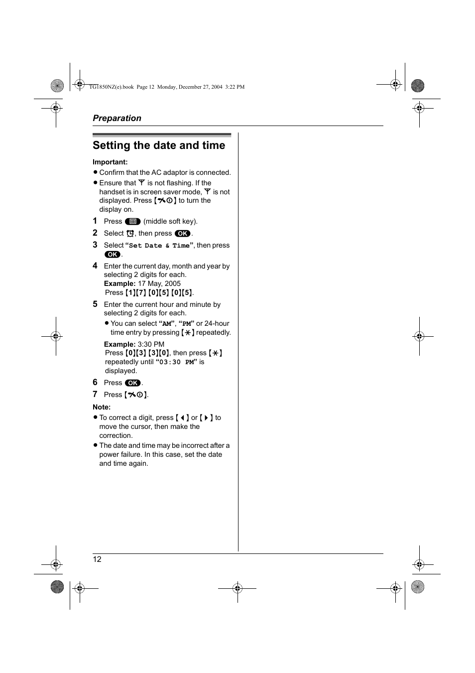 Setting the date and time | Panasonic KX-TG1850NZ User Manual | Page 12 / 48