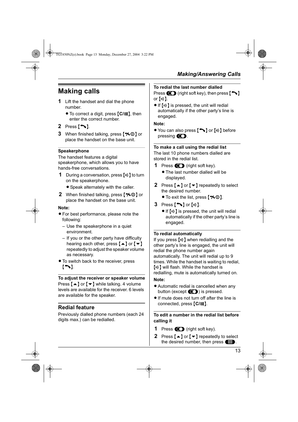 Making/answering calls, Making calls | Panasonic KX-TG1850NZ User Manual | Page 13 / 48