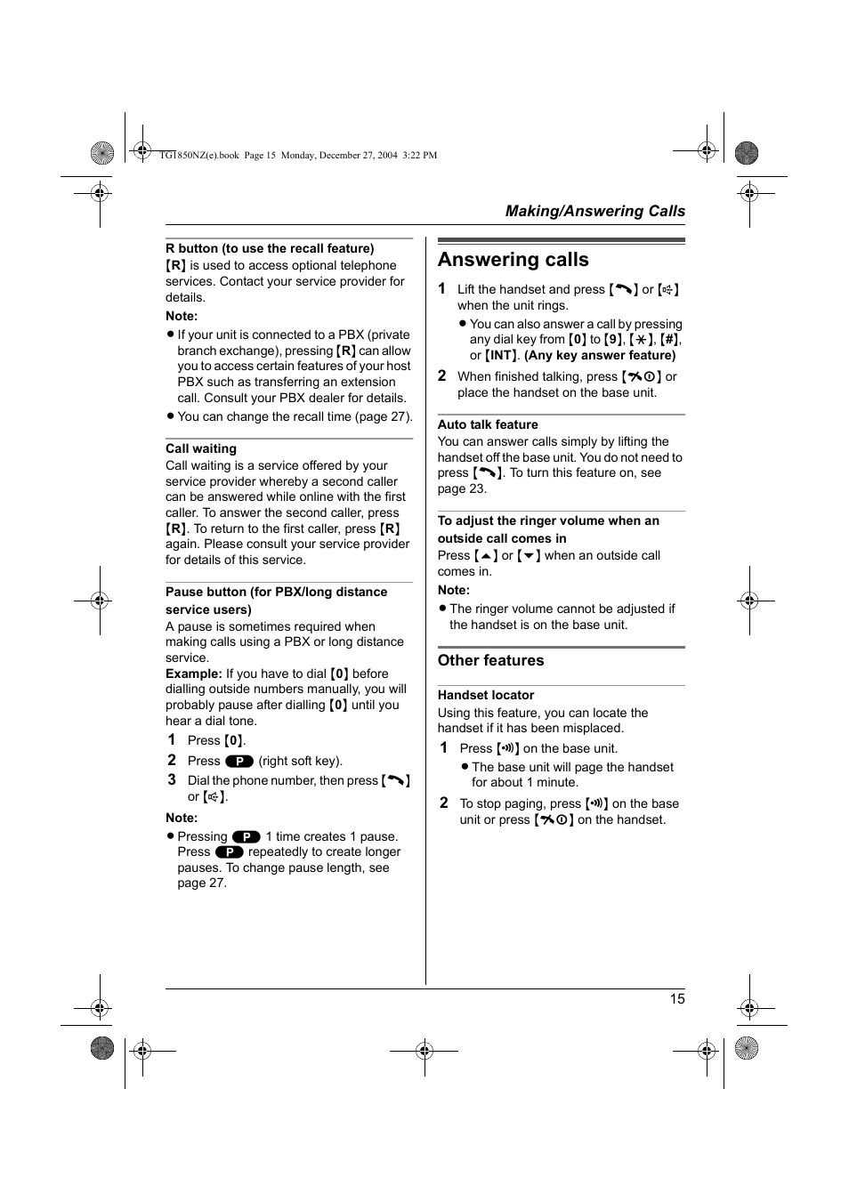 Answering calls | Panasonic KX-TG1850NZ User Manual | Page 15 / 48
