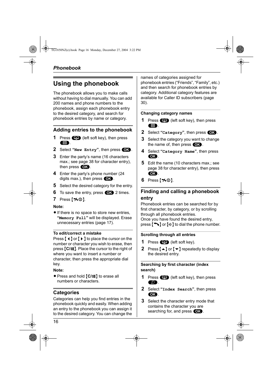 Phonebook, Using the phonebook | Panasonic KX-TG1850NZ User Manual | Page 16 / 48