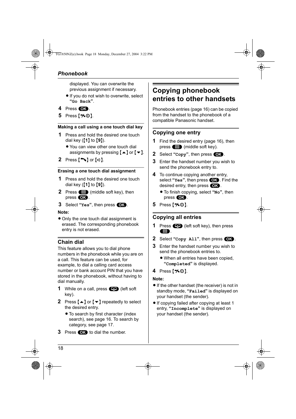 Copying phonebook entries to other handsets | Panasonic KX-TG1850NZ User Manual | Page 18 / 48