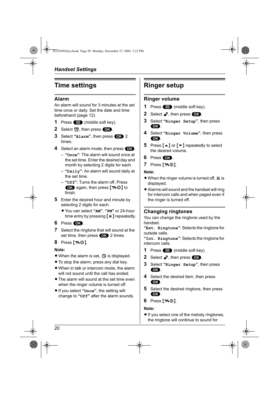 Time settings, Ringer setup, Time settings ringer setup | Panasonic KX-TG1850NZ User Manual | Page 20 / 48