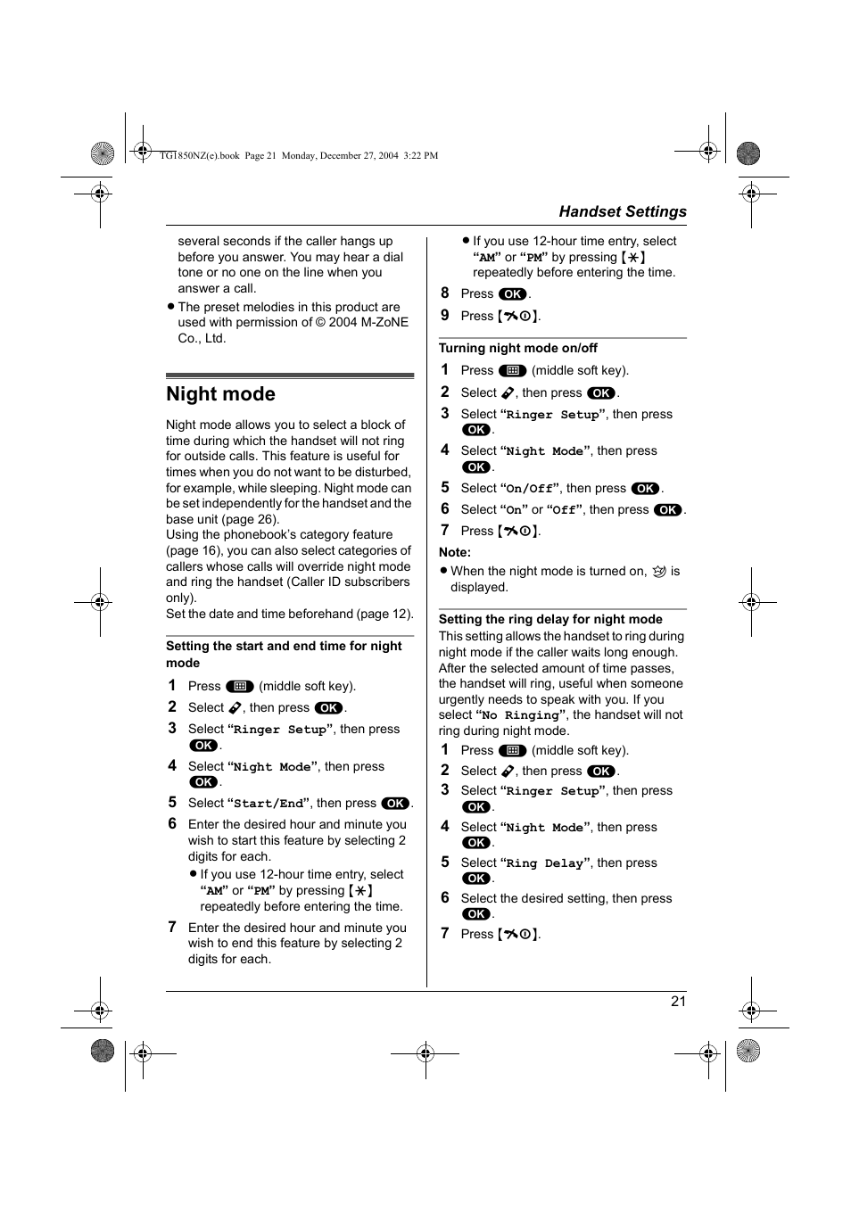 Night mode | Panasonic KX-TG1850NZ User Manual | Page 21 / 48