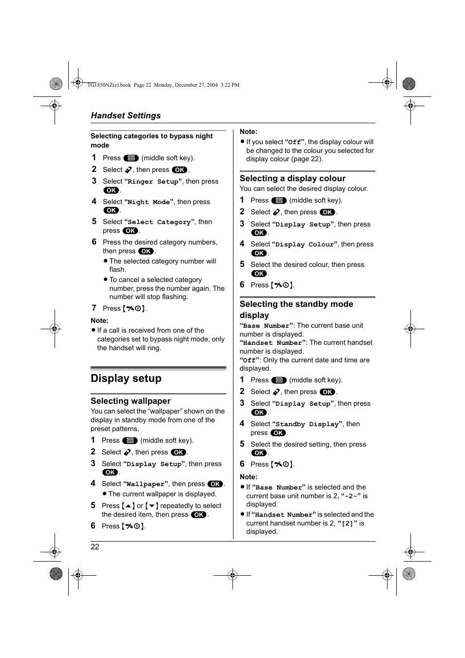 Display setup | Panasonic KX-TG1850NZ User Manual | Page 22 / 48