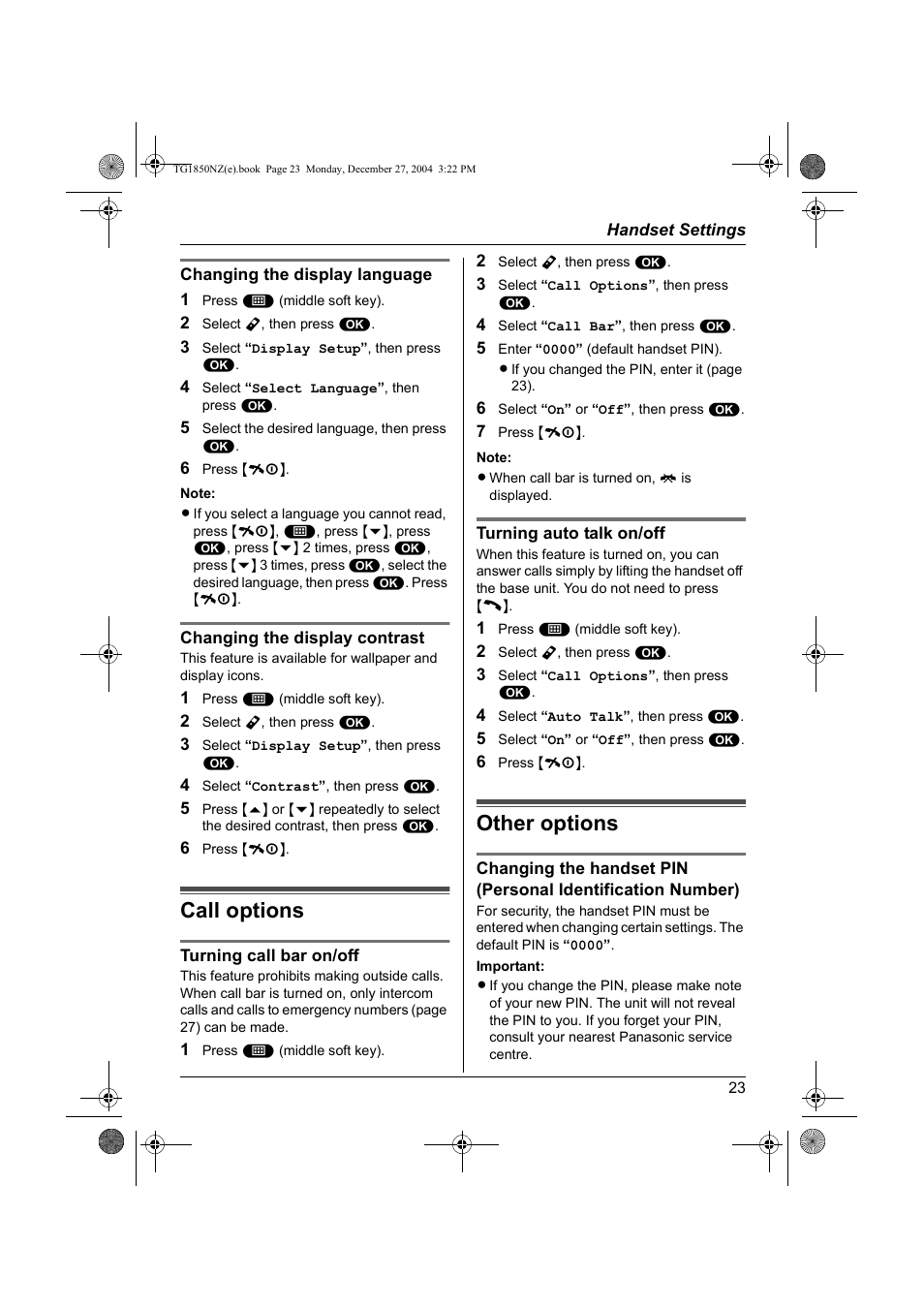 Call options, Other options, Call options other options | Panasonic KX-TG1850NZ User Manual | Page 23 / 48