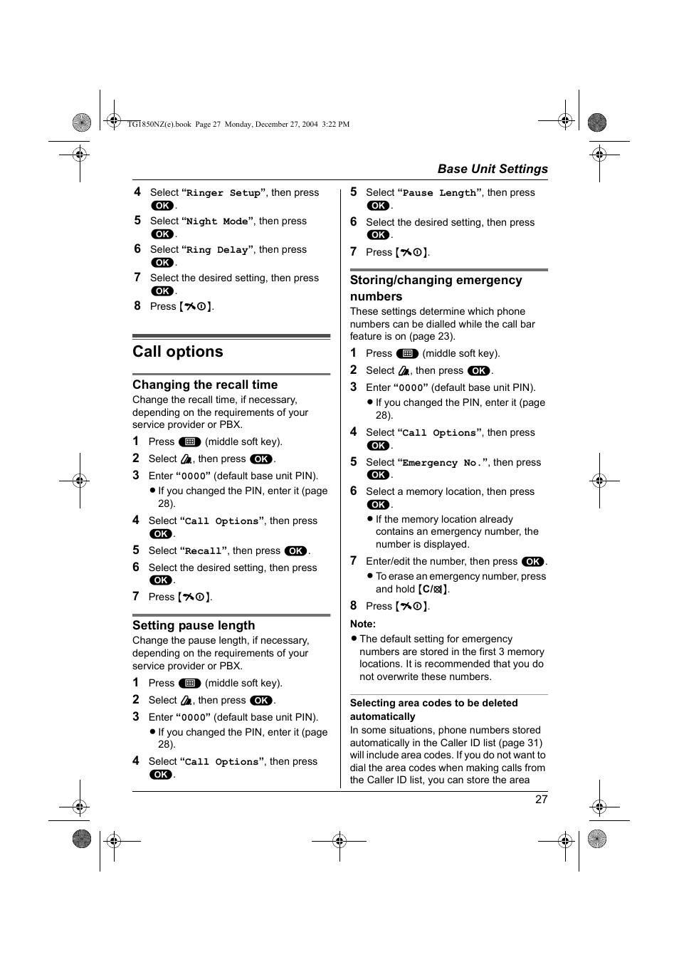 Call options | Panasonic KX-TG1850NZ User Manual | Page 27 / 48