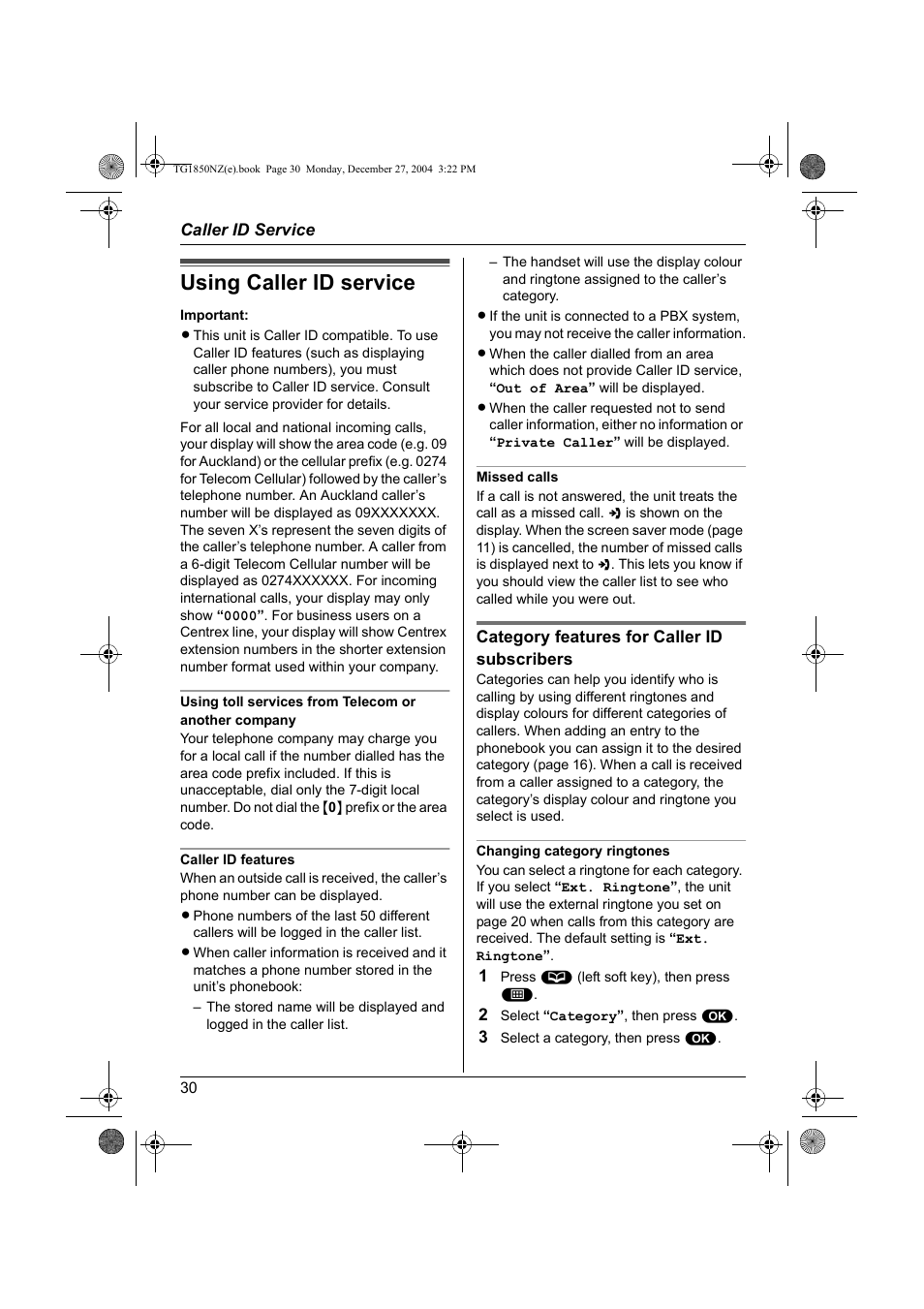 Caller id service, Using caller id service | Panasonic KX-TG1850NZ User Manual | Page 30 / 48