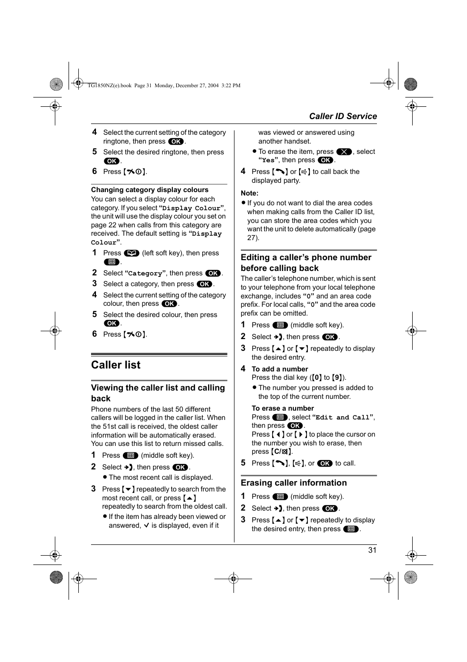 Caller list | Panasonic KX-TG1850NZ User Manual | Page 31 / 48