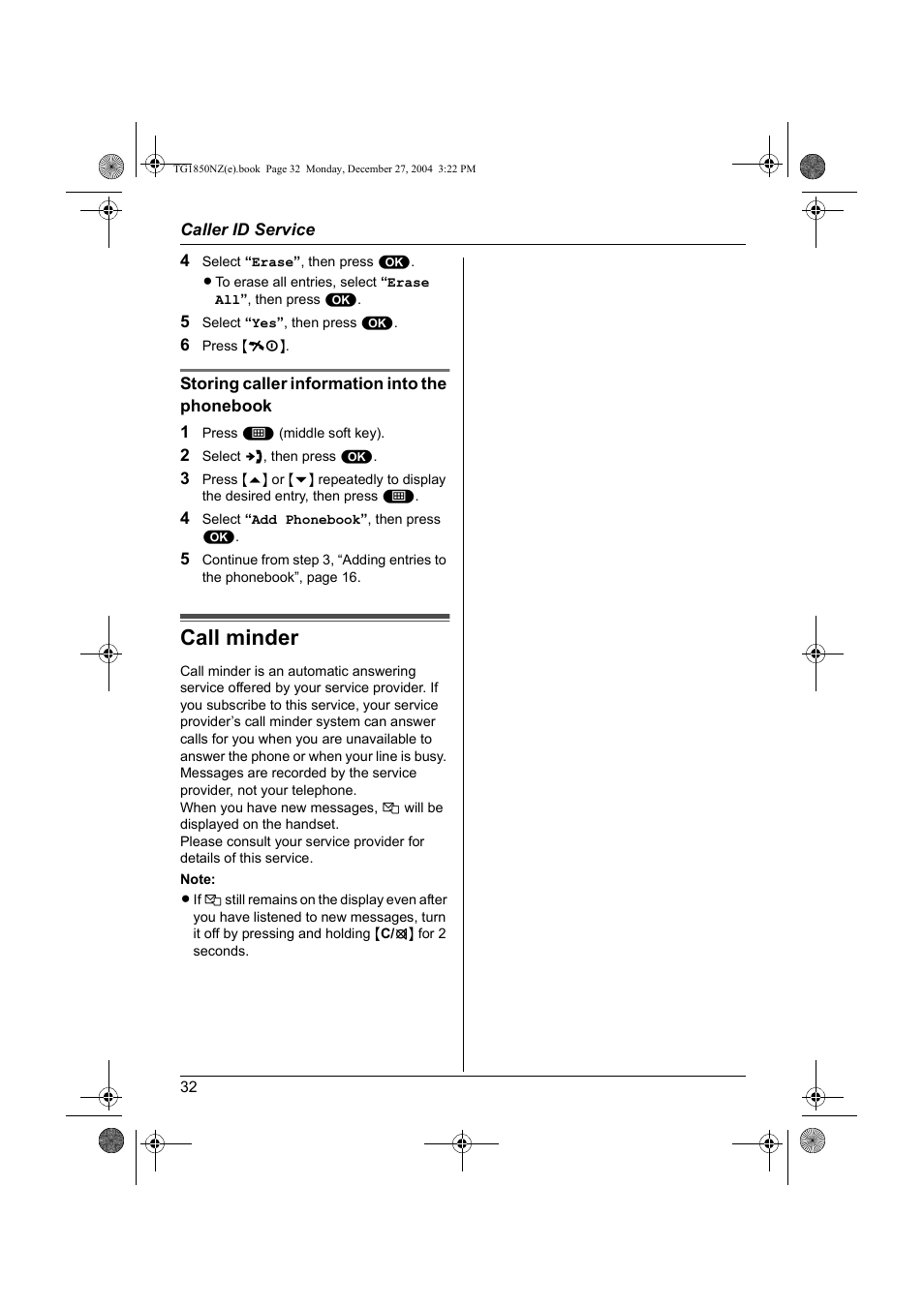 Call minder | Panasonic KX-TG1850NZ User Manual | Page 32 / 48