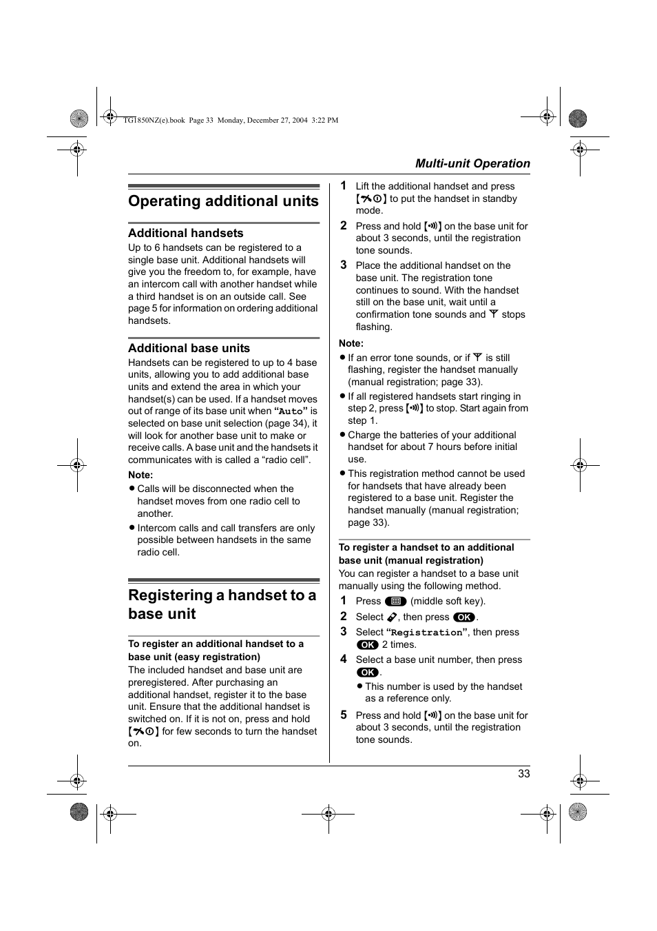 Multi-unit operation, Operating additional units, Registering a handset to a base unit | Panasonic KX-TG1850NZ User Manual | Page 33 / 48