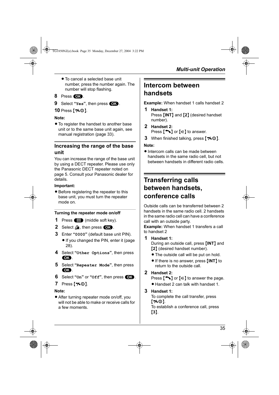 Intercom between handsets | Panasonic KX-TG1850NZ User Manual | Page 35 / 48