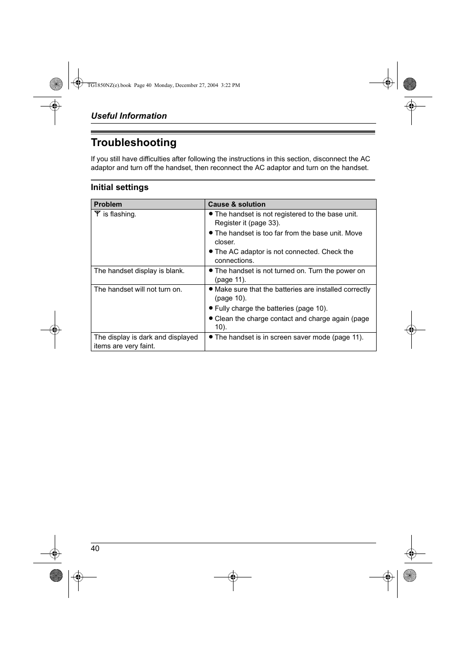 Troubleshooting | Panasonic KX-TG1850NZ User Manual | Page 40 / 48